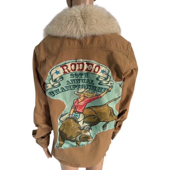 Upcycled Unisex Canvas Jacket Real Fur Collar Rodeo Graphic Western Boho Cowgirl - Picture 1 of 8